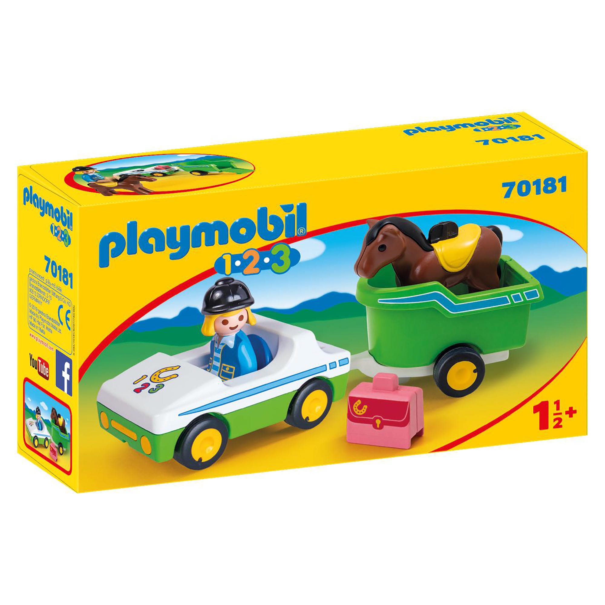Playmobil 1.2.3 Car with Horse Trailer for Children 18 Months+ (70181)